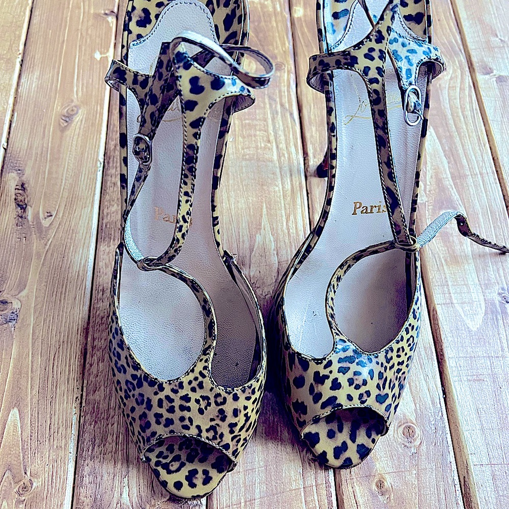 Christian Louboutin Leopard Print Patent Leather T-Strap Peep Toe Heels